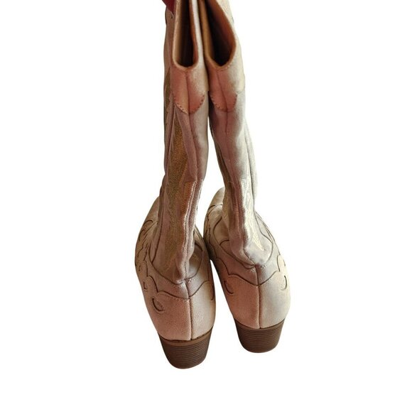 Vintage Western Cowboy Style Beige Embroidered Suede Boots With Low Block Heel F - Picture 9 of 15